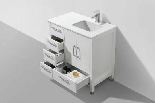 Anziano 36"Vanity w/ Left Side Drawers and Quartz Countertop - Home and Bath Depot