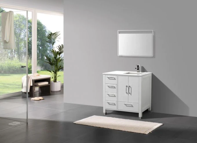Anziano 36"Vanity w/ Left Side Drawers and Quartz Countertop - Home and Bath Depot