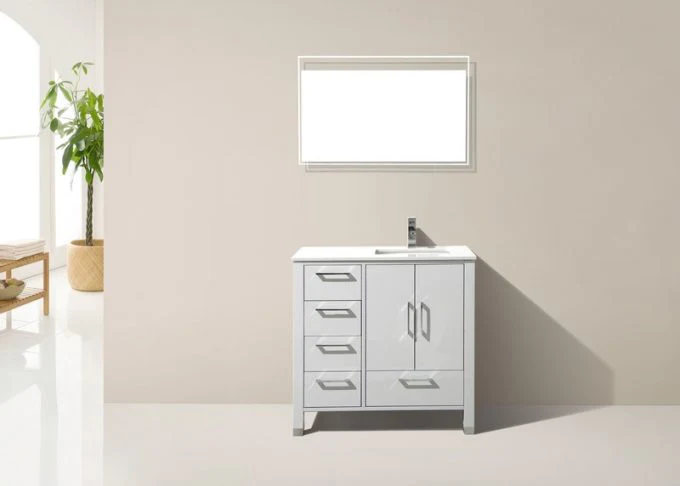 Anziano 36"Vanity w/ Left Side Drawers and Quartz Countertop - Home and Bath Depot