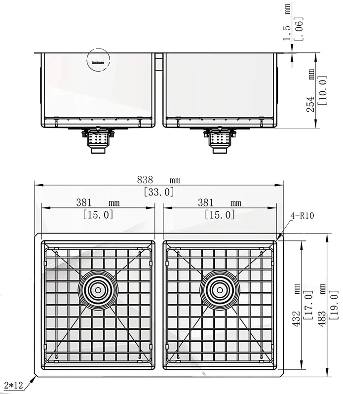Kodaen 33" Mission Undermount Kitchen Sink-16g Double Bowls UN1515P - Bhdepot 