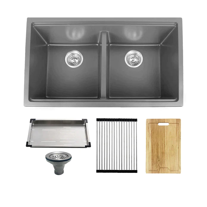Kodaen 32" Workstation Undermount 50/50 Double Bowl Kitchen Sink With Strainer UNG1515 - Bhdepot 
