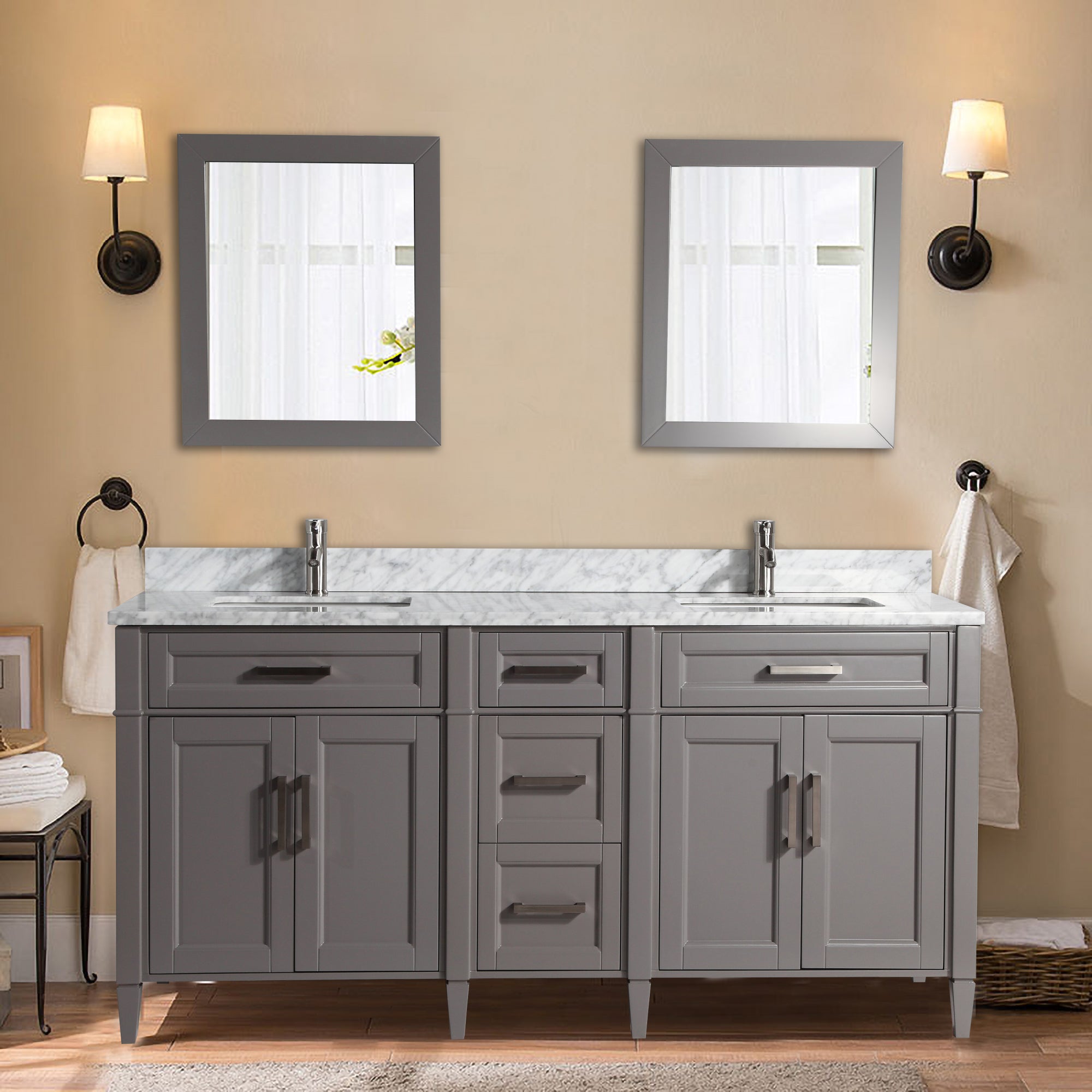 Vanity Art - Rio 72" Double Sink Bathroom Vanity Set with Sink and Mirrors (Carrara Marble Top) - Bhdepot 
