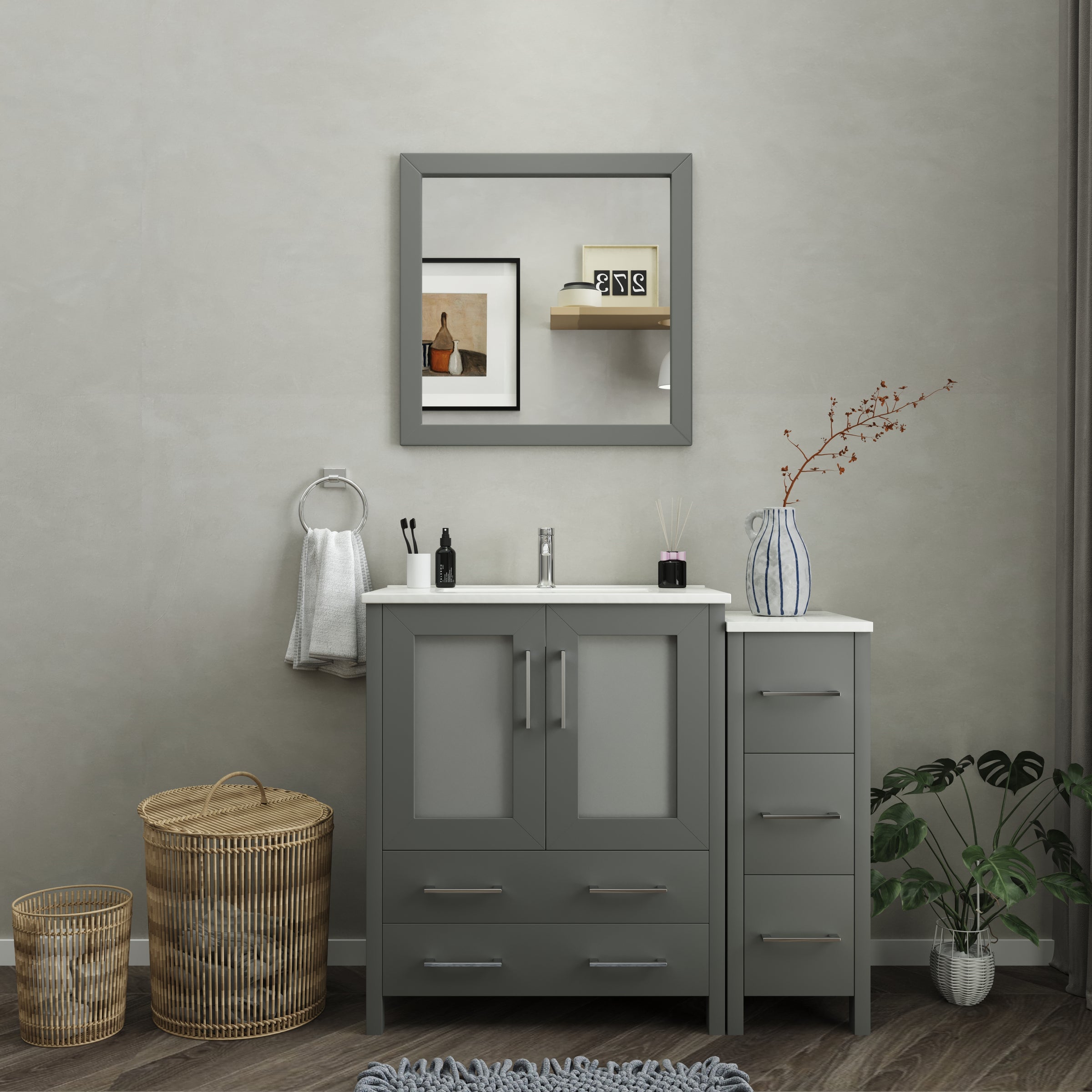 Vanity Art - London 42" Single Sink Bathroom Vanity Set with Sink and Mirror - 1 Side Cabinet - Bhdepot 