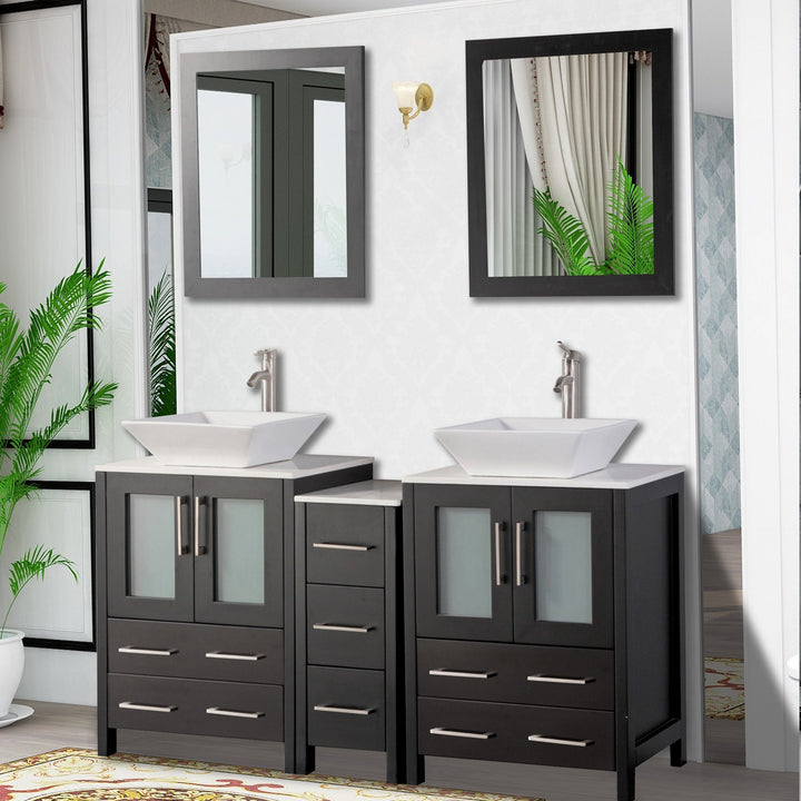 Vanity Art - Monaco 60" Double Vessel Sink Bathroom Vanity Set with Sinks and Mirrors - 1 Side Cabinet - Bhdepot 