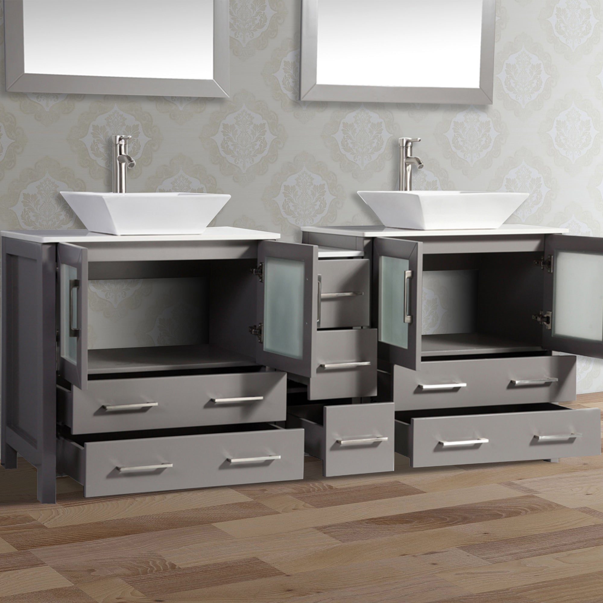 Vanity Art - Monaco 72" Double Vessel Sink Bathroom Vanity Set with Sinks and Mirrors - 1 Side Cabinet - Bhdepot 