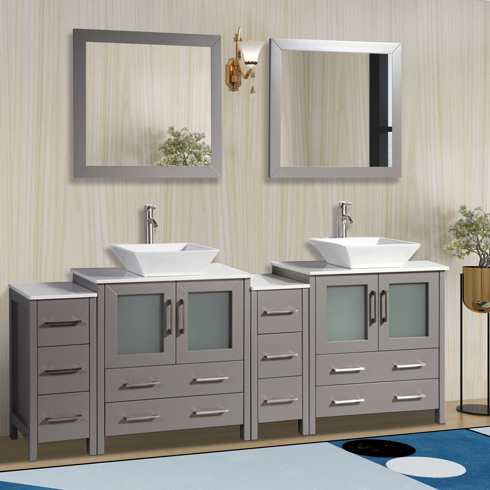 Vanity Art - Monaco 84" Double Vessel Sink Bathroom Vanity Set with Sinks and Mirrors - 2 Side Cabinets - Bhdepot 
