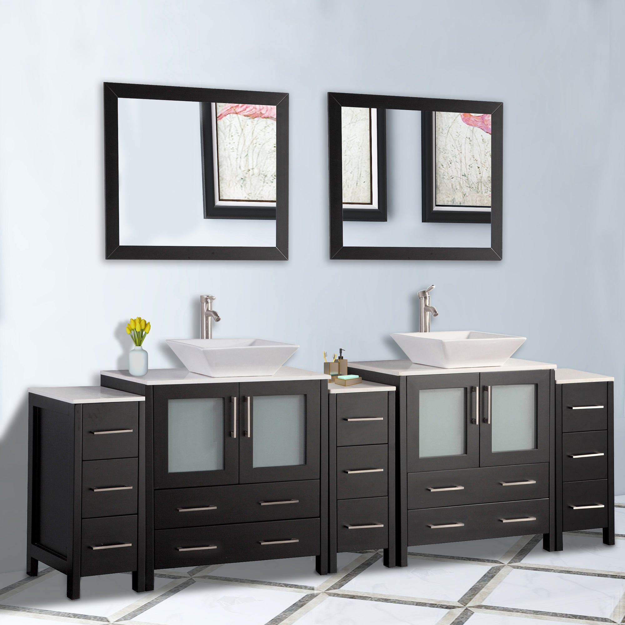 Vanity Art - Monaco 96" Double Vessel Sink Bathroom Vanity Set with Sinks and Mirrors - 3 Side Cabinets - Bhdepot 