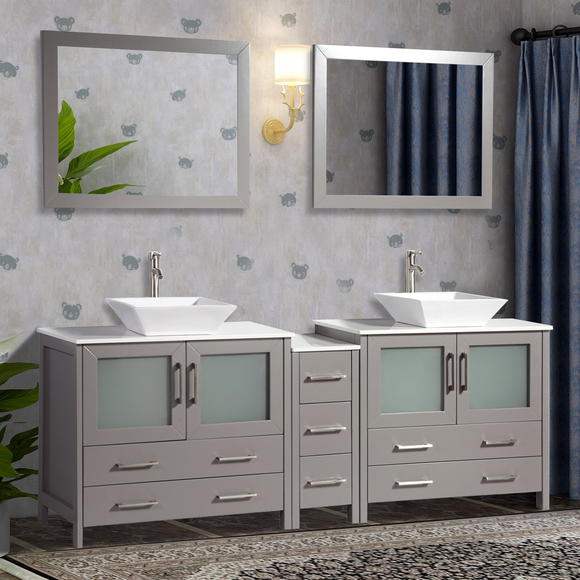 Vanity Art - Monaco 84" Double Vessel Sink Bathroom Vanity Set with Sinks and Mirrors - 1 Side Cabinet - Bhdepot 
