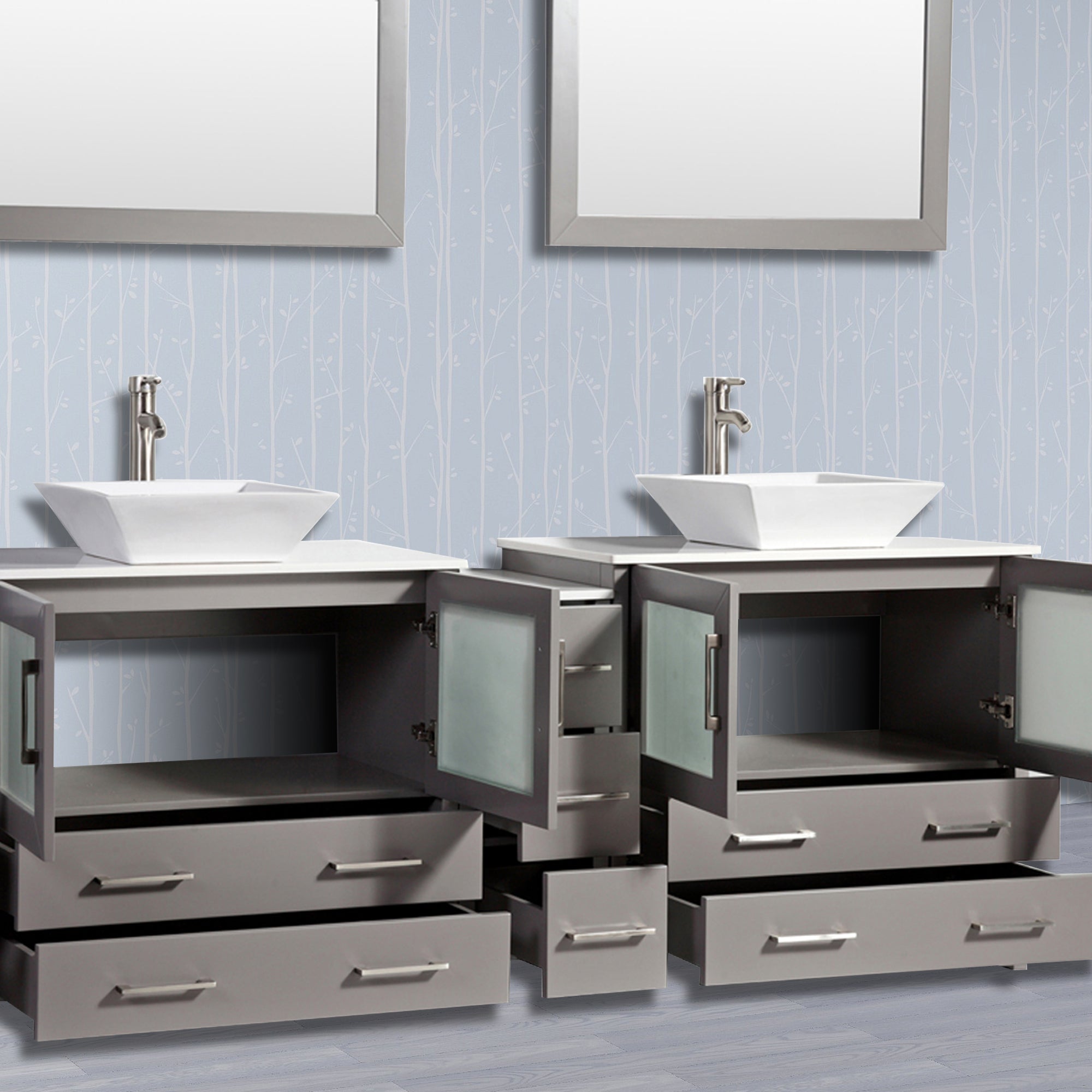 Vanity Art - Monaco 84" Double Vessel Sink Bathroom Vanity Set with Sinks and Mirrors - 1 Side Cabinet - Bhdepot 