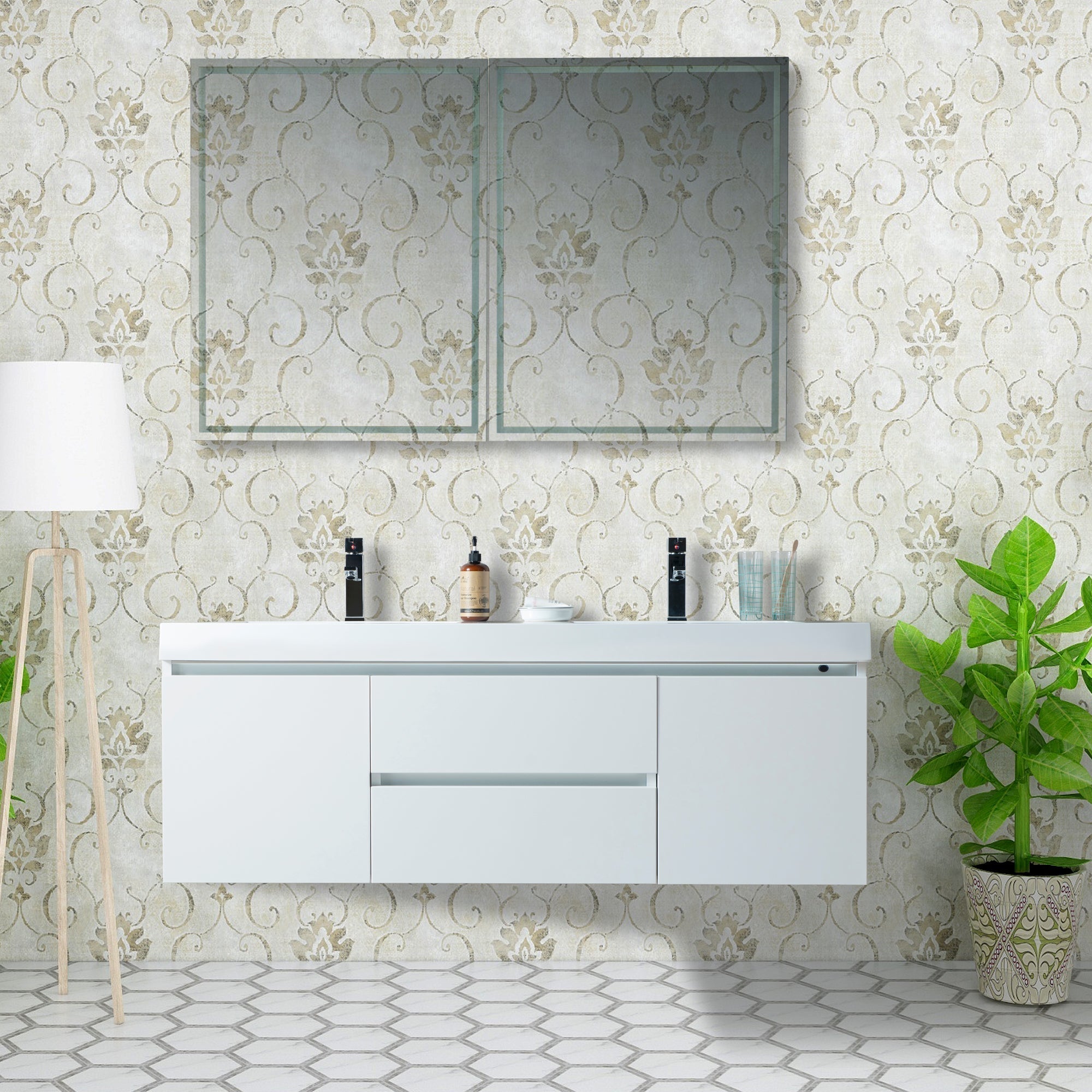 Vanity Art - Riga 60" LED Lighted Wall-Mount Double Sink Bathroom Vanity - Bhdepot 
