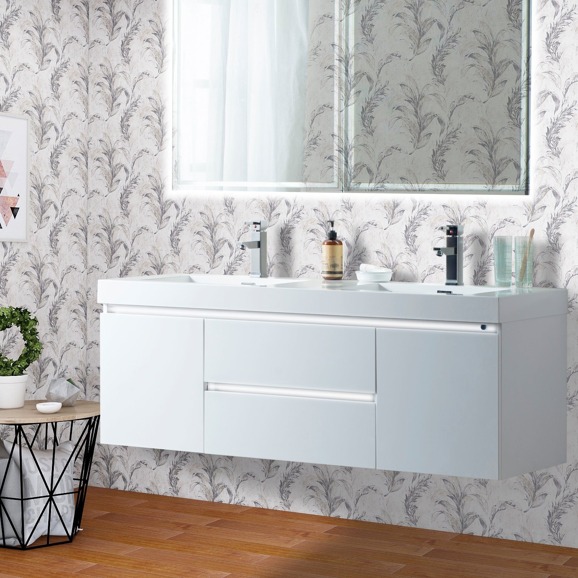 Vanity Art - Riga 60" LED Lighted Wall-Mount Double Sink Bathroom Vanity - Bhdepot 