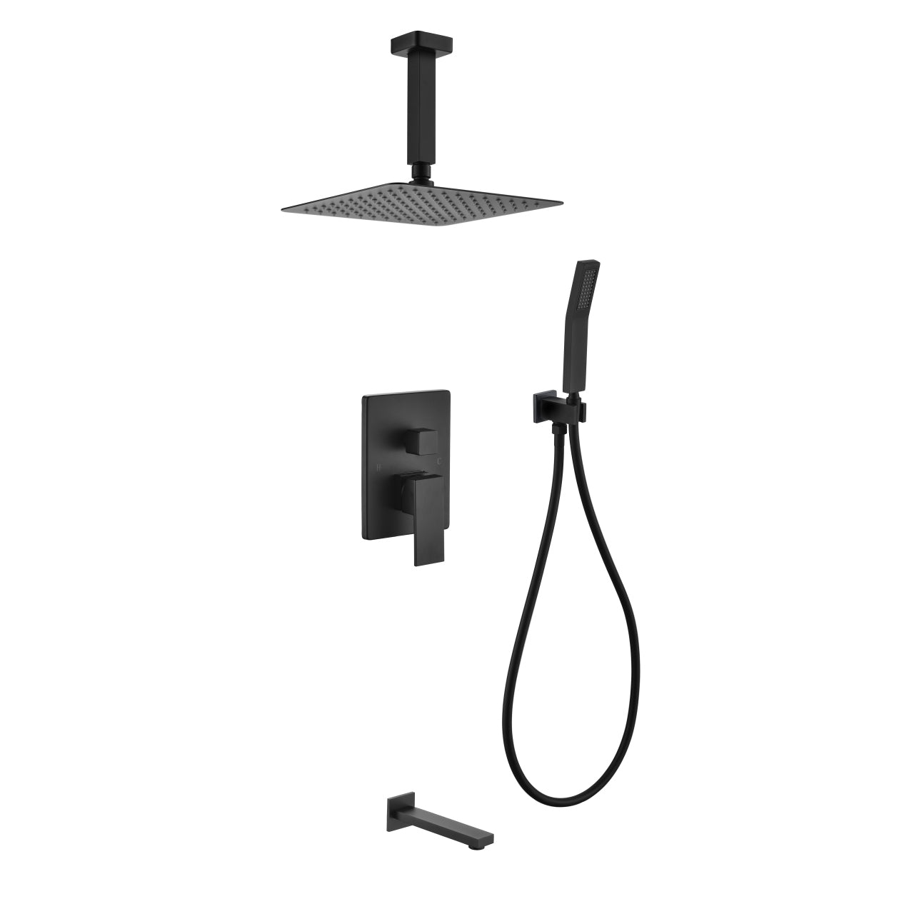 Aqua Piazza Brass Shower Set with Ceiling Mount Square Rain Shower, Handheld and Tub Filler - Home and Bath Depot
