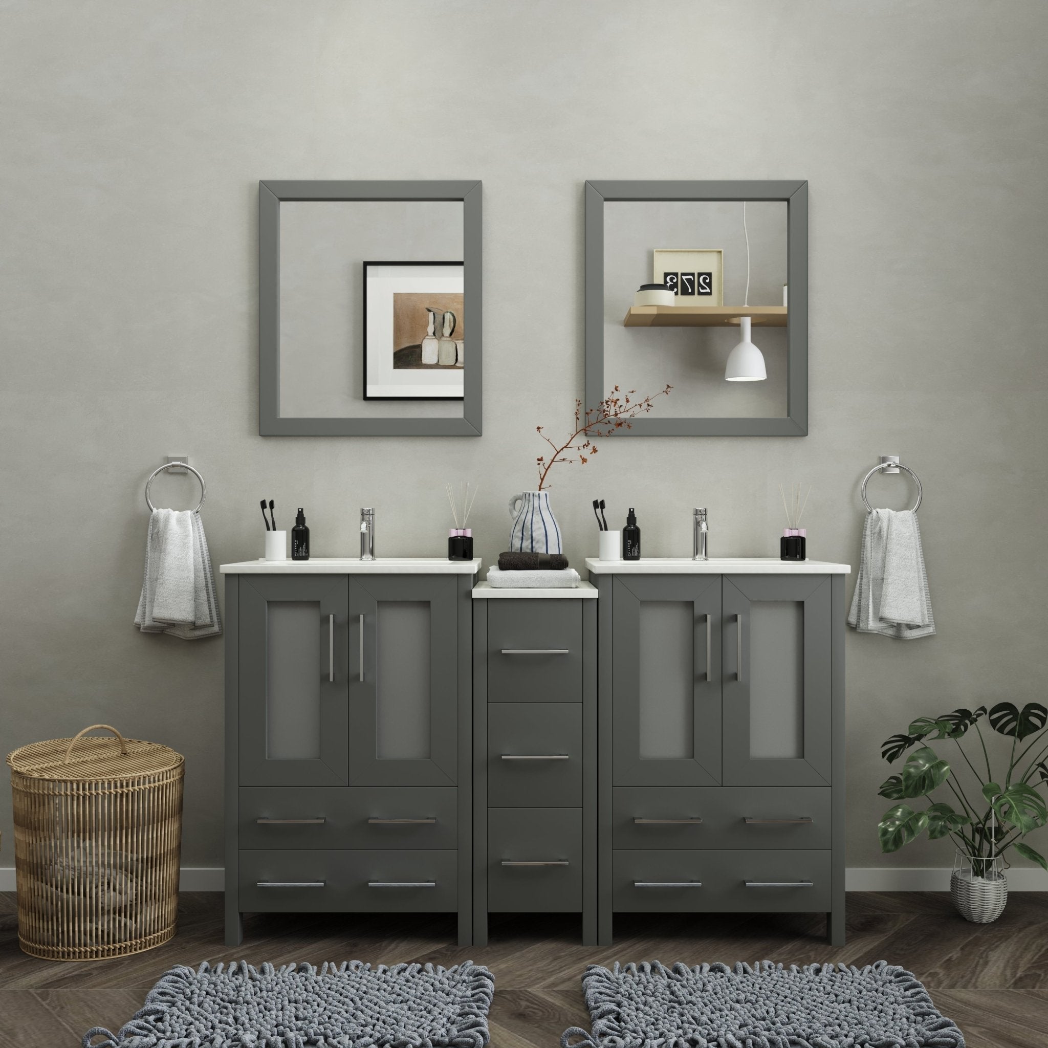 Vanity Art - London 60" Double Sink Bathroom Vanity Set with Sink and Mirrors - 1 Side Cabinet - Bhdepot 