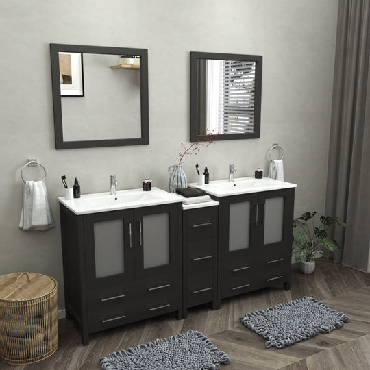 Vanity Art - London 72" Double Sink Bathroom Vanity Set with Sink and Mirrors - 1 Side Cabinet - Bhdepot 