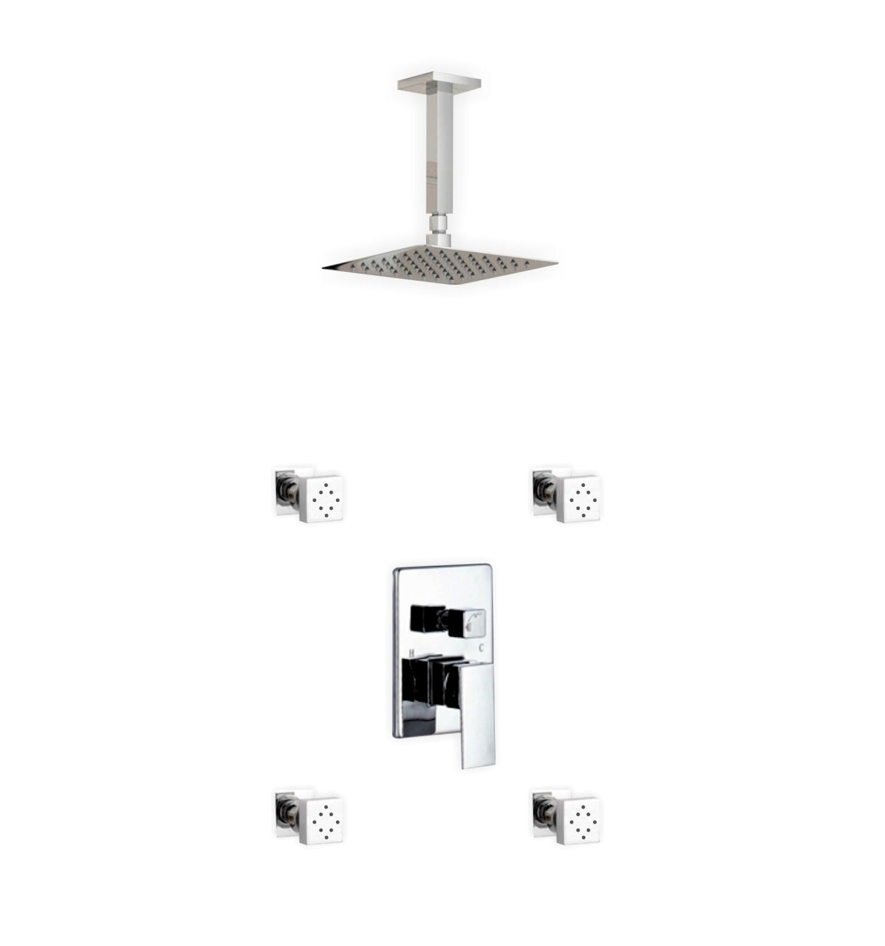 Aqua Piazza Brass Shower Set with Ceiling Mount Square Rain Shower and 4 Body Jets - Home and Bath Depot