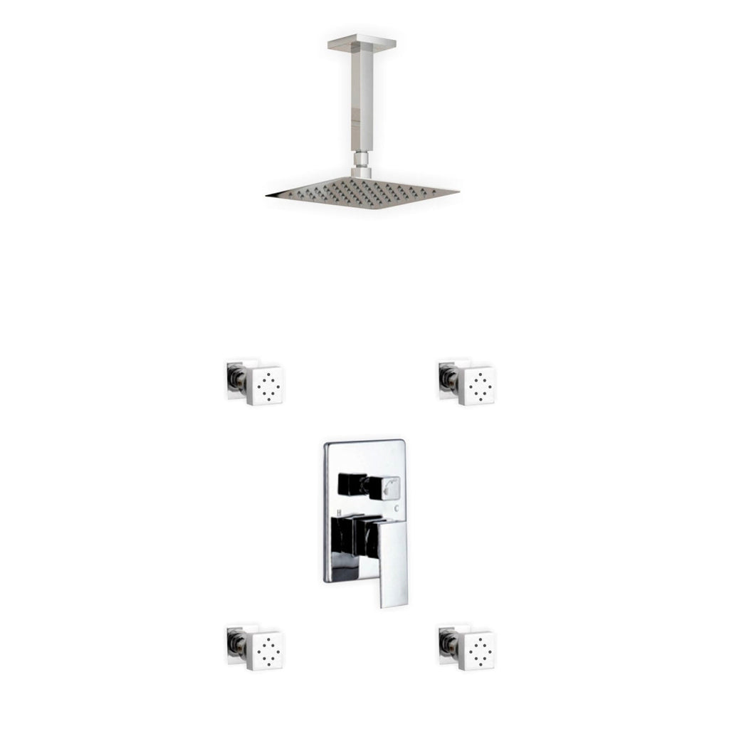 Aqua Piazza Brass Shower Set with Ceiling Mount Square Rain Shower and 4 Body Jets - Home and Bath Depot