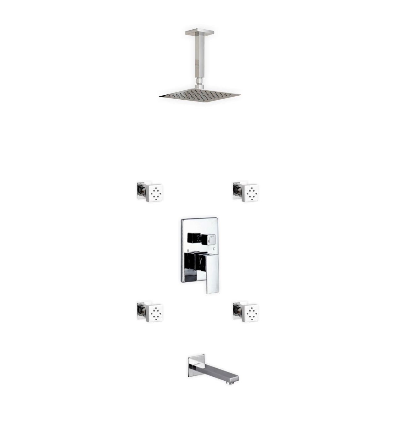 Aqua Piazza Brass Shower Set with Ceiling Mount Square Rain Shower (Tub Filler and 4 Body Jets) - Home and Bath Depot