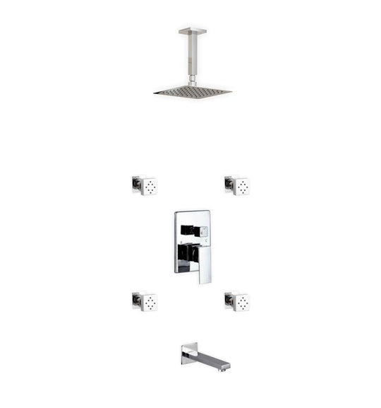 Aqua Piazza Brass Shower Set with Ceiling Mount Square Rain Shower (Tub Filler and 4 Body Jets) - Home and Bath Depot