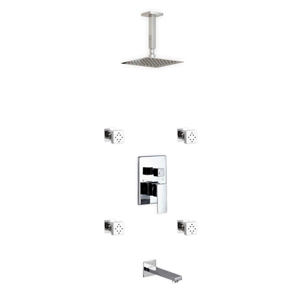 Aqua Piazza Brass Shower Set with Ceiling Mount Square Rain Shower (Tub Filler and 4 Body Jets) - Home and Bath Depot