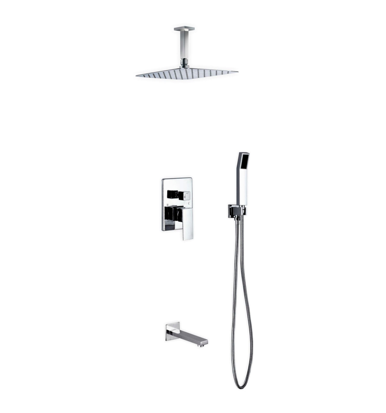 Aqua Piazza Brass Shower Set with Ceiling Mount Square Rain Shower, Handheld and Tub Filler - Home and Bath Depot