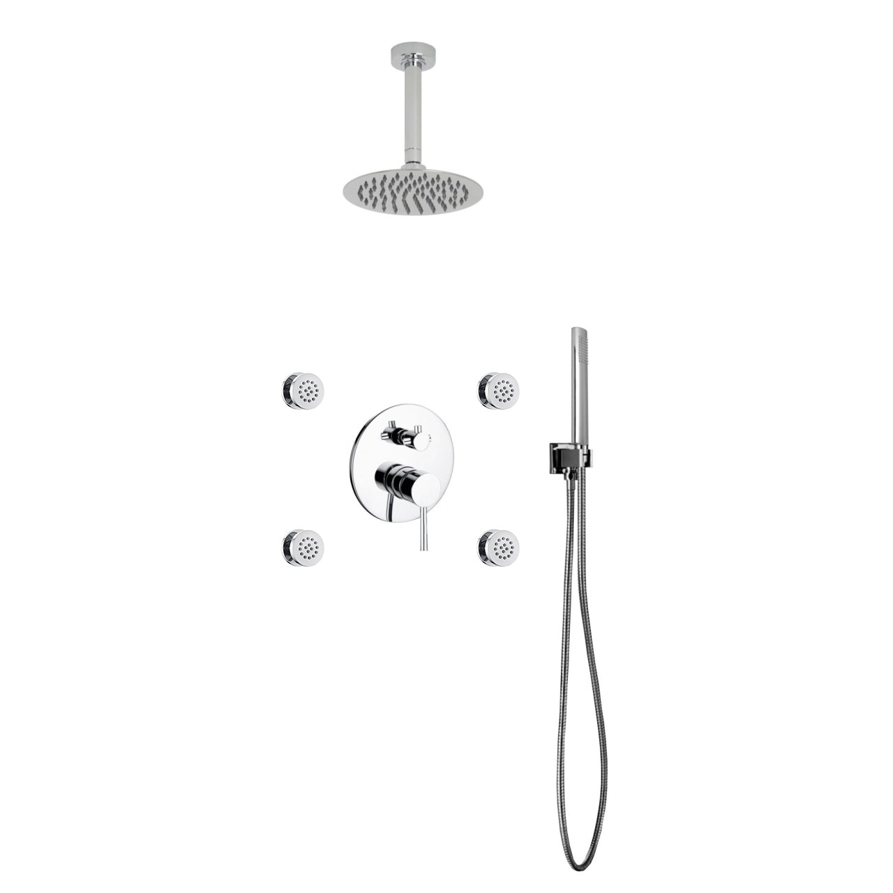 Aqua Rondo Brass Shower Set with Ceiling Mount Square Rain Shower, 4 Body Jets and Handheld - Home and Bath Depot