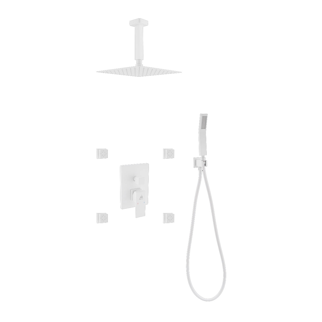 Aqua Piazza Brass Shower Set with Ceiling Mount Square Rain Shower, Handheld and 4 Body Jets - Home and Bath Depot