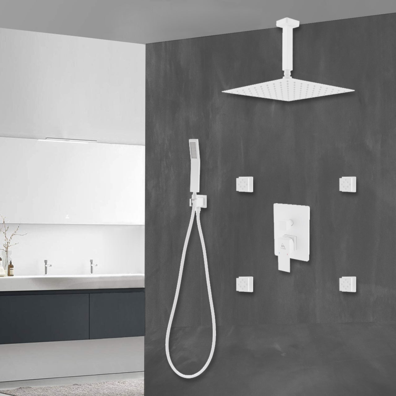 Aqua Piazza Brass Shower Set with Ceiling Mount Square Rain Shower, Handheld and 4 Body Jets - Home and Bath Depot