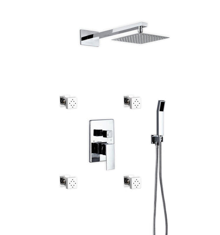 Aqua Piazza Brass Shower Set with Square Rain Shower, Handheld and 4 Body Jets - Home and Bath Depot
