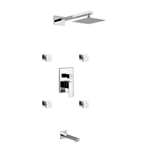 Aqua Piazza Brass Shower Set with Square Rain Shower, 4 Body Jets and Tub Filler - Home and Bath Depot