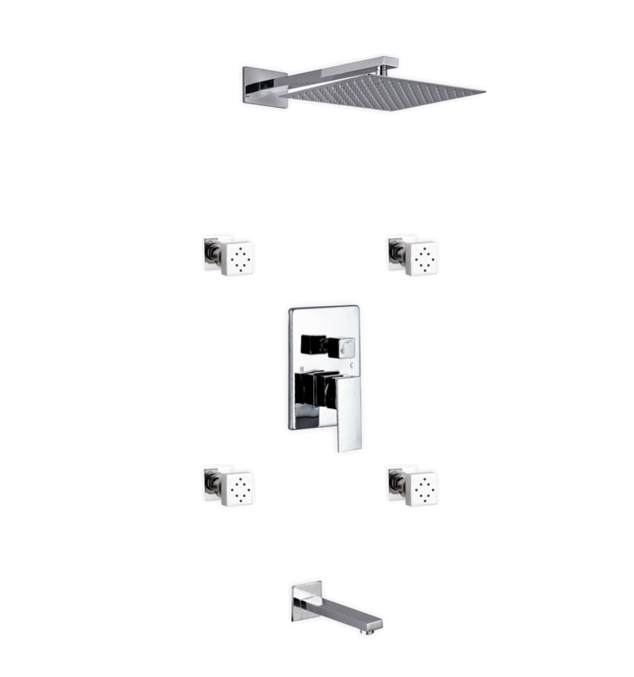 Aqua Piazza Brass Shower Set with Square Rain Shower, 4 Body Jets and Tub Filler - Home and Bath Depot